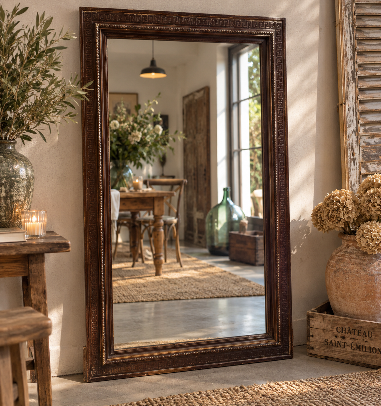 Grand miroir ancien Naïade en bois sculpté à louer pour mariage et événement à Bordeaux