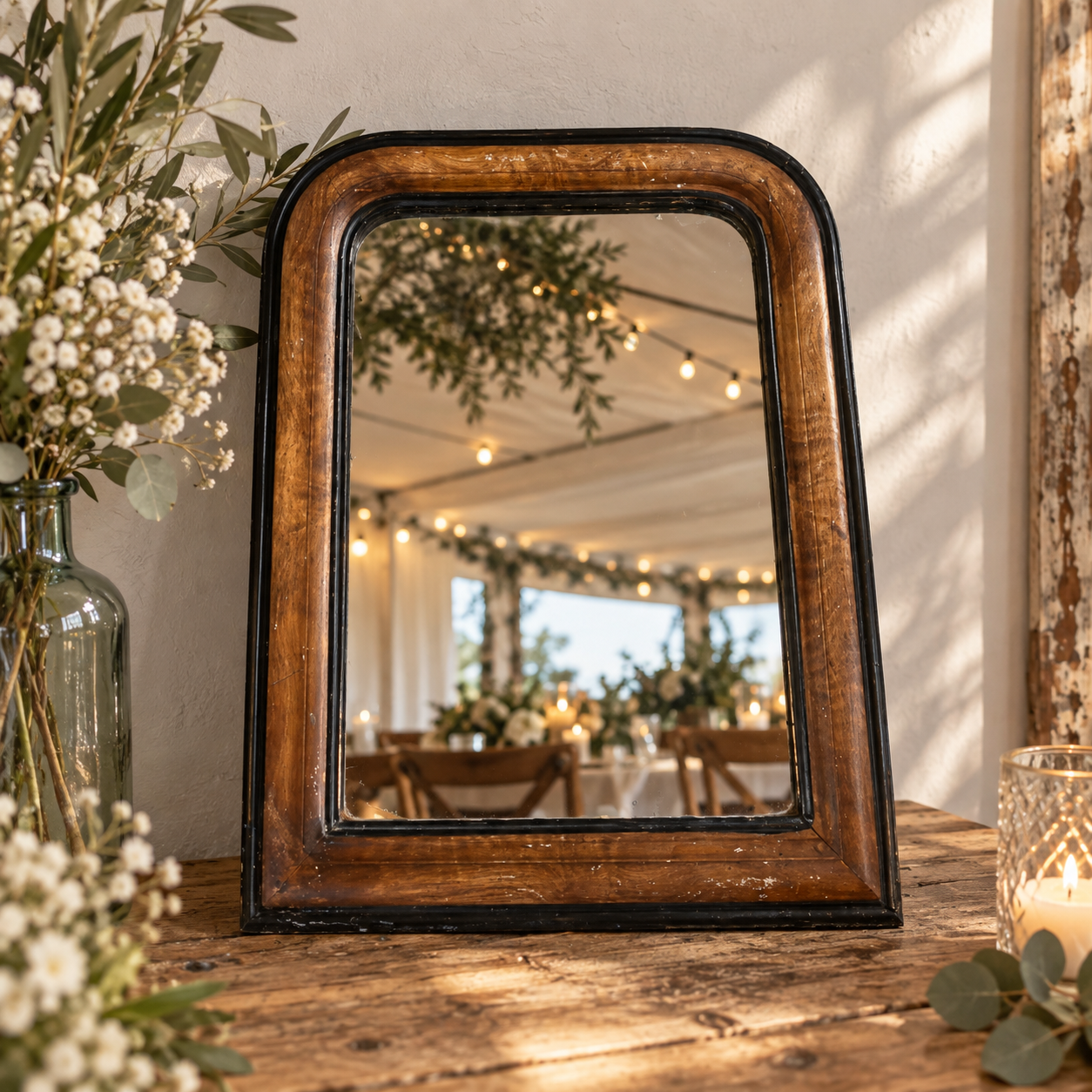 Miroir Zélie ancien en bois et noir à louer pour mariage et événement à Bordeaux